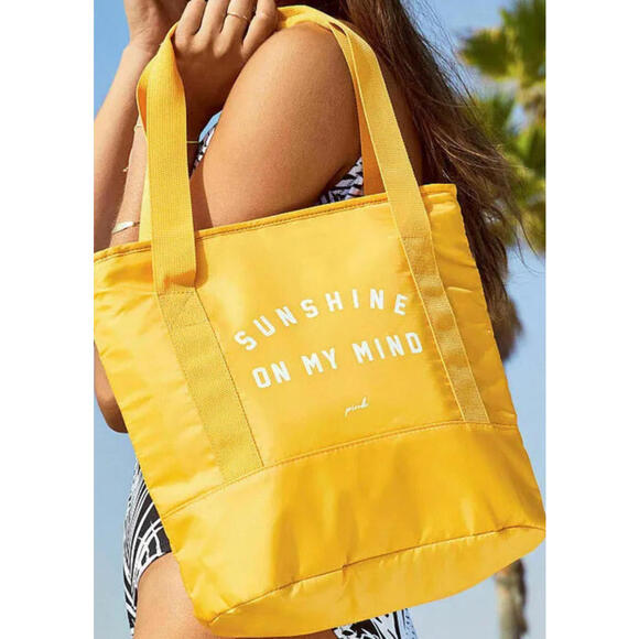 Pink Victoria's Secret Bag Vs Pink Sunshine On My Mind Yellow Cooler Tote Bag - Picture 1 of 3